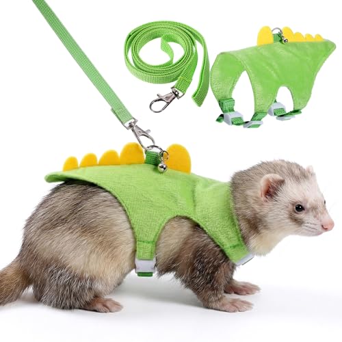 Ferret Harness and Leash Set, Dinosaur Shaped Rabbit Harness and Leash Set with Safe Bell, Adjustable Ferret Vest Harness for Baby Rabbit Guinea Pig Teacup Chihuahua Mouse Small Pet(Green)