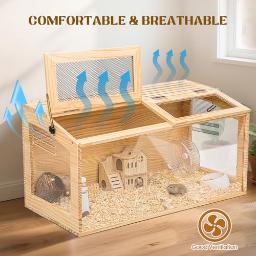 Hamster Cage 32" Chewproof Wooden, 270° View Acrylic Pet Habitat | Panoramic Large Habitat, Bite-Proof Mesh & Top Dual Access Doors, for Syrian/Dwarf Hamsters, Guinea Pigs, Chinchillas - size: 16.0"L x 16.0"W x 32.0"H