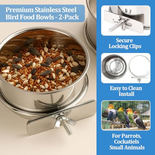 2 Pack Stainless Steel Bird Food Bowl Small Bird Feeding Dish Cups for Cage Parrot Food Bowl Cage with Clamp Holder for Parrots, Cockatiels, Small Animals (M+L) - size: M+L