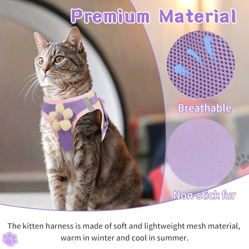 Cat Harness and Leash Set, Escape Proof Soft Vest Walk Purple XS | Adjustable, Easy Wear, Breathable Comfy Mesh, Reflective Strips, Sturdy Clip Buckle Flower Harness for Cats Kitty Puppy Bunny - color: Romantic Purple, size: Extra Small