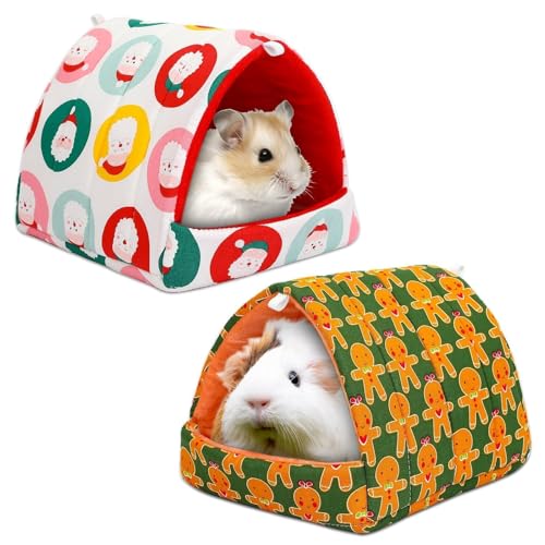 UPINS 2 Pack Christmas Guinea Pig Hideout,Guinea Pig Bed | Washable Small Animal House Cage Accessories,for Chinchillas Hamsters Hedgehogs Ferrets Bearded Dragons and Rats - color: Red Green Yellow, size: 6.8 x 7.4 inch