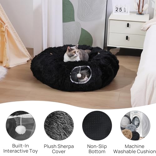 Cat Tunnel with Bed – Soft Plush Peekaboo Donut Cave for Indoor Cats | Under Christmas Tree Hideaway & Multifunctional Playground Toy for Kittens, Rabbits, Ferrets (Long-Pile Fabric Black) - color: Long-pile fabric Black
