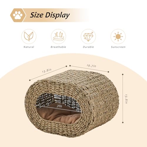 Cat House,Handwoven Cat Cave Pet Cube, Natural Cat Beds Indoor Kitten House with Double-Sided Soft Cushions, Pet Cat House for Multiple Cats, for Living Room Bedroom - color: Seagrass