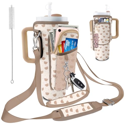 Stanley Carrier Bag for Stanley 40oz/30ozTumbler with Phone with 2 Adjustable Strap,3 Pockets Bottle Stanley Cup Carrier Bag & Case,Accessories for Hiking Travelling - color: Cut Bear