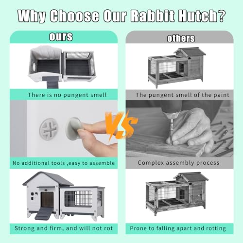 Rabbit Hutch Indoor & Outdoor with Extended Play Area, Plastic Rabbit Hutch with Sloped Roof Drainage, Panoramic Windows, Urine Barrier & Pull-Out Tray, Rabbit Cage with Run Easy to Clean and Assemble - size: 45"L*20"W*27"H