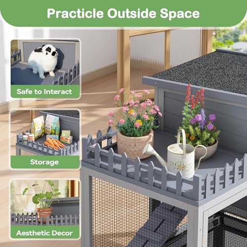 Wood Rabbit Hutch with Balcony Small Animal House Bunny Cage on Wheels | Ideal for multiple small animals, Featuring chewproof ramp & pull-out tray, Suitable for indoor or outdoor use