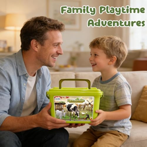 BOLZRA Farm Animal Figures Toy, Realistic Plastic 2 Farm Tractors Playset with Trailer, Farmer Fence Storage Box, Christmas Birthday Easter Gift for Kids 3-8 - style: Farm Animals Figures