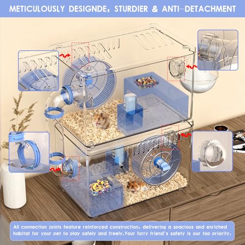 Hamster Cage,Clear Modular Habitat with Tube for Dwarf Hamster | 15.74"x10.03"x19.29", expandable hamster enclosure with small animal cage design, wheel, bottle and bathroom set included