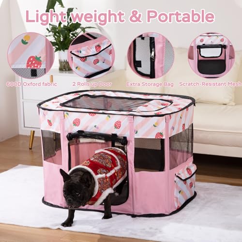Portable Pet Playpen, Cat Playpen for Indoor Cats Enclosed，Kitten Playpen Indoor with Resistant Breathable Shade Cover,Indoor Outdoor Use for Small Medium Pet (M, Pink) - color: Pink, style: Medium（31.5"L x 23.6"W x 21.7"H）
