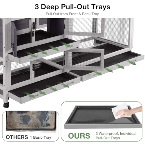 62″ 2-Story Large Rabbit Hutch, Indoor & Outdoor Bunny Cage with Chew-Proof Ramp, 3 Leakproof Pull-Out Trays, Waterproof Roof, 6 Lockable Wheels, for Rabbits & Guinea Pigs - color: (Grey)