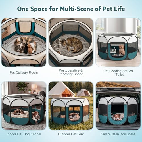 Portable Pet Playpen for Cat Dog: Foldable Cat Play Pen Enclosed Pet 20lbs | Medium 600D Oxford Mesh Small Puppy Kitten Pop Up Kennel Collapsible Carry Bag Waterproof Base Indoor Outdoor Travel Camping - style: M [35.8" × 35.8" × 22.8"]