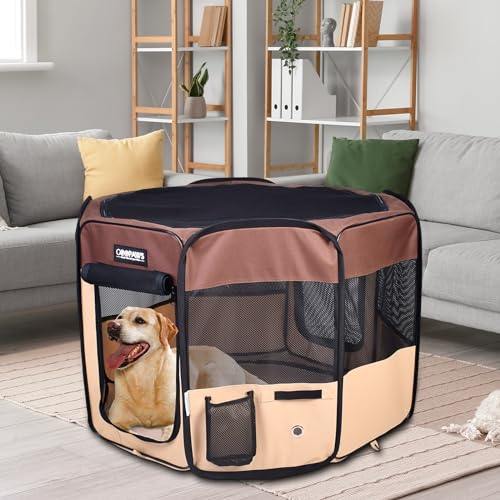 Jespet Soft Dog Playpen, Portable Pet Exercise Pen Kennel with Carry Bag | 2-Door, Easy to Fold, Ground Stakes, Zipper Locks, Large Storage Pocket, Washable Top Mesh Cover & Bottom Cover - color: Brown, style: 36x36x24 Inch (Pack of 1)
