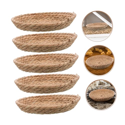 Natural Straw Breeding Nest Bowls, 5 Pack Woven Grass Rabbit Bedding Mats, 8 Inch Flat Bottom Cattail Fiber Hatching Cave for Quail Pigeons Bunnies, Edible Chinchilla Chew Toys