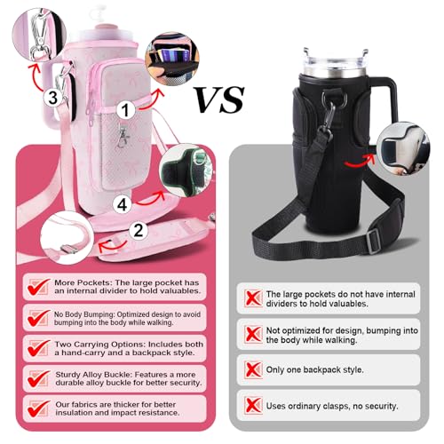 Stanley Carrier Bag for Stanley 40oz/30ozTumbler with Phone with 2 Adjustable Strap,3 Pockets Bottle Stanley Cup Carrier Bag & Case,Accessories for Hiking Travelling - color: Pink Bow