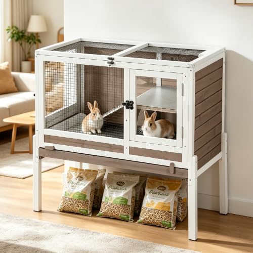 Aivituvin Wooden Guinea Pig Cages Indoor with Removable Stand, Anti Chewing Rabbit Hutch with Ramp and Wire Mesh, 2 Story Small Animals House Habitat with Pull Out Tray (Brown) - color: Brown