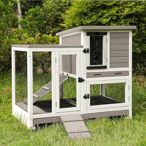 Indoor Outdoor Rabbit Hutch, Bunny Cage on Wheels with 2 Deep No Leakage Pull Out Trays (Mocha Color)