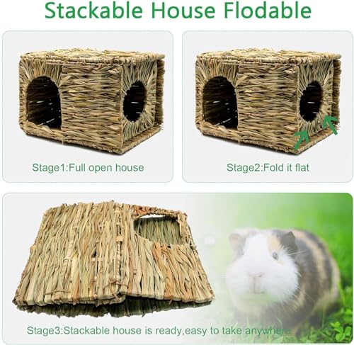 BWOGUE Large Guinea Pig Grass House, Guinea Pig Hideout 2 Pack Straw Hut | Hand-Woven Straw for Gnawing, Double Openings for Guinea Pig Tunnel-Style Play, Foldable Bed for Rest, Bunnies & Chinchillas - size: 2 PACK