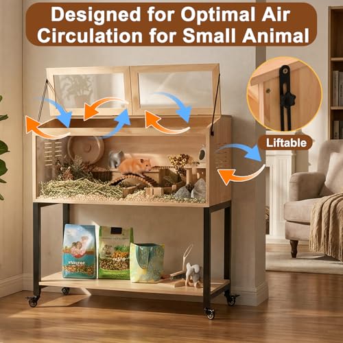 Wooden Hamster Cage with Storage Shelf, Large Hamster Cage, Pine, Guinea Pig Cages, 47.0" L x 20.0" W x 42.0" H Small Animal Cages with Stand & Wheels for Guinea Pig, Chinchilla, Rat, Bunny, etc. - size: 47.0"L x 20.0"W x 42.0"H