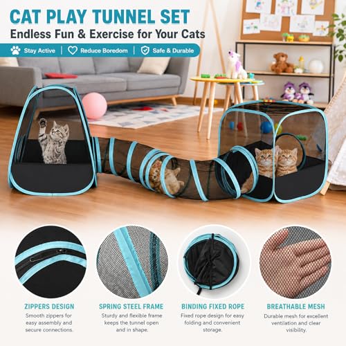 Rabbit Playpen with Tunnel, Bunny Tunnel Tent for Indoor Rabbits | 3-Piece Tent and Tunnel Set, Breathable Mesh, Pop-Open Setup, 50.4 x 9.8 in Tube, Indoor Outdoor Use, Rabbits and Ferrets