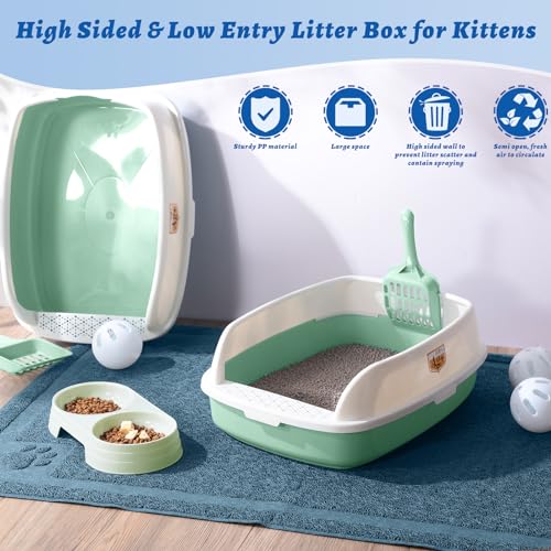 Sliner 7 Pcs Kitten Litter Box Starter Kit, 2 Plastic Small Kitty Litter Box Training Low Entry with Scoop, 2 Double Cat Bowl and Mat for Kitten Indoor(Green) - color: Green