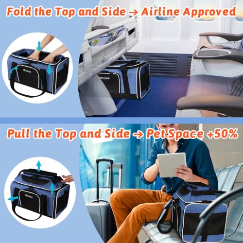 Top and Side Expandable Small Pet Carrier Airline Approved, Blue | 18"Lx13"Wx9.5"H, for Southwest Airlines, Pets Under 10 Lbs, Lockable Zippers,Soft-Sided, Anti-Scratch Mesh - color: Blue, size: 18.0"L x 13.0"W x 9.5"H