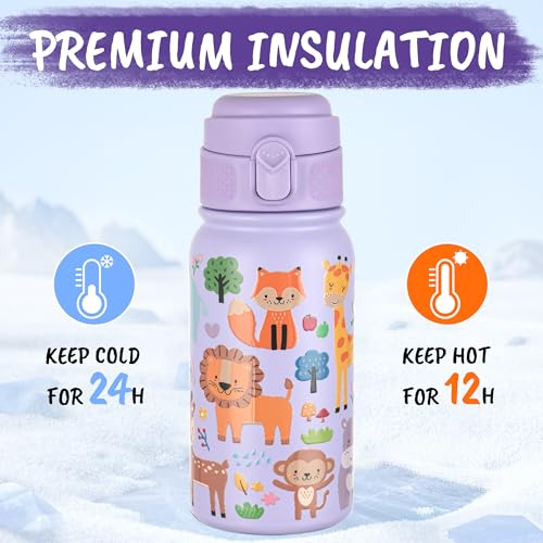 GOPPUS Kids Insulated Water Bottle 12oz, Leakproof Stainless Steel Thermos, BPA Free Double Wall Vacuum Insulated Bottle for School, Travel, Sports & Outdoor Activities, Boys Girls - color: Purple Zoo