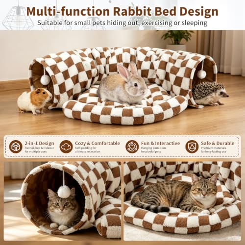 BWOGUE Bunny Tunnel Bed, Brown Plaid 2-in-1 Rabbit Tunnel Hideout with Mat | Removable Mat for Washing, Ball Toy for Play, Tunnel Tubes for Hiding, Soft Suede Fabric, Cats Rabbits Guinea Pigs - color: Brown Checks