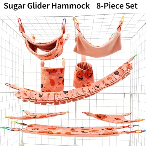 8 Pcs Sugar Glider Cage Set, Small Animal Fleece Hammock Set, Hanging Bed, Climbing Bridge and Toys for Sugar Gliders, Fancy Rats, Squirrels,Ferrets,Orange7126-3 - color: Orange