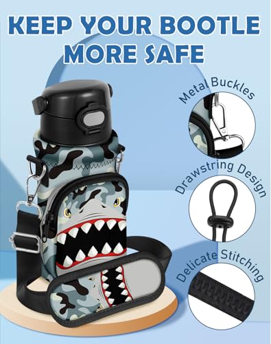 Water Bottle Carrier with Strap for Kids, 14-20 oz | Insulated, Neoprene Water Bottle Holder Bag with Pocket, Cute Cartoon, Bottle Bag for boys and girls, Walking Hiking Camping - color: Camo Shark