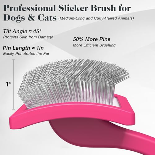 2PCS Slicker Brush for Dogs & Pet Comb,Professional Dog Grooming Brush (Goldendoodles,Poodles,Labradoodles) with Extra Long Pins to Effectively Remove Tangles, Knots and Mats (Pink, Large) - color: Pink, size: Large