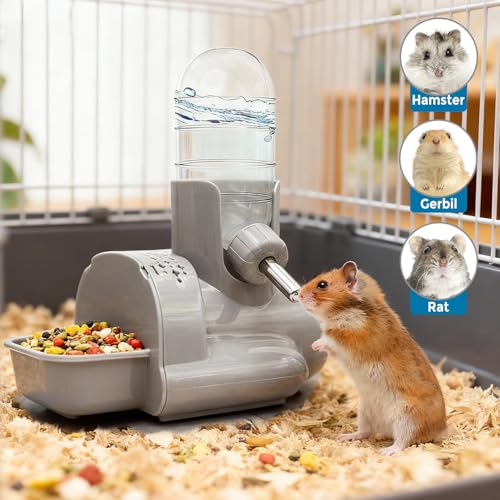 VANNON 3-in-1 Hamster Water Bottle with Food Bowl & Hideout Base, Grey | 3-in-1 feeding station combines water, food and hideout space to help keep hamster cages organized and easy to maintain. - color: Grey