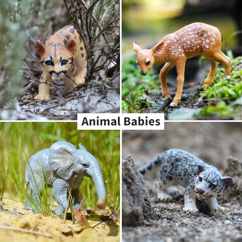 Toymany 12PCS Forest Animals Baby Figurines, Realistic Woodland Animals Figures Toys Includes Elephant, Mountain Lion, Giraffe and Deer Cubs, Cake Toppers Christmas Birthday Gift for Kids Toddlers - style: Baby Wild Animals
