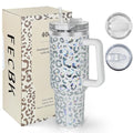 40 oz Tumbler with Handle and Straw, 100% Leak-Proof Travel Mug, Stainless Steel Double Wall Vacuum Insulated Coffee Cup Keeps Cold For 34 Hours, Dishwasher Safe, White Leopard - color: White Leopard