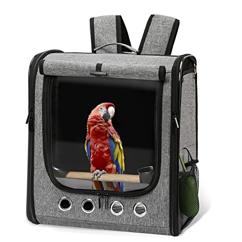 Large Bird Carrier Bag with Stand, Lightweight Backpack for Parrot, Portable Cockatiel Travel Cage with Accessories, Pet Transparent Breathable Carrier, Gray - color: Gray, size: 13.3"L x 10.2"W x 15.7"H