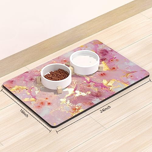 Rnivvi Dog Food Mat, 16" x 24" Absorbent Dog Cat Bowl Mat for Food and Water, Cute Anti-Slip Rubber Pet Feeding Rug Protect Floors, Puppy Placemat for Feeding & Watering Supplies, Pink Gold - color: Pink Gold Abstract, size: 16"L x 24"W