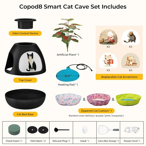 COZIWOW Eggloa6 Plant Litter Box, Hidden Cat Litter Box Enclosure, Odor Removal System, Replaceable Scratching Board, Scoop, Cat House with Cushion ＆ Heating Pad, Artificial Plants (Black) - color: Black