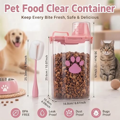 Dog Storage Container with Cleaning Brush and Measuring Cup | Airtight Portable Pet Food Containers with Upgraded Large Spout and Cup for Dogs,Cats,Birds,Small Animals(Pink) - color: 3QT-Pink