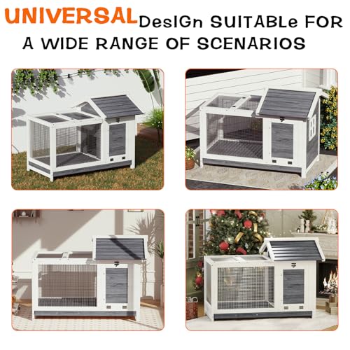 Garvee Wooden Rabbit Hutch Indoor and Outdoor, Rabbit Cage with Removable Wire Netting, Weatherproof Bunny Cage with Anti-Chew Metal Frame Ramp for Small Animals Grey