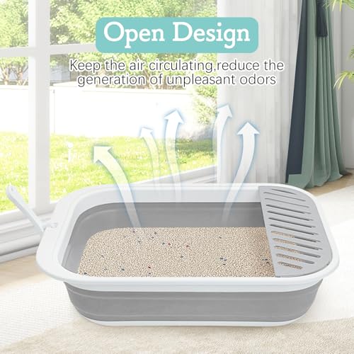 Fhiny Kitten Litter Box Portable Shallow Litter Box 17.7"x13.4"x4.9" Foldable Cat Toilet with Scoop Open Kitty Potty Pan with Litter Drop Pedal Easy to Clean Travel Kitten Toilet(Gray) - color: Grey-M