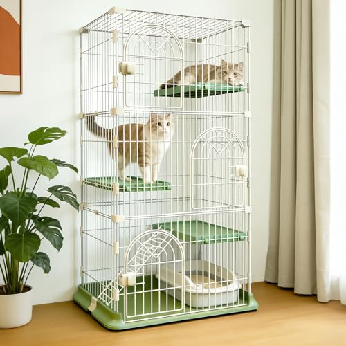 Large 3-Tier Cat Cage Indoor, DlY Catio & Outdoor Cat Enclosure Playpen, Sturdy Multi-Level Cat Crate Kennel with Escape-Proof Spacing for Kittens & Small Animals - color: Green, size: Three-Tier52.5"