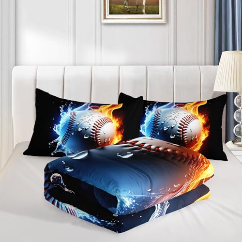 QOOMO 3Pcs Baseball Comforter Set Twin,Fire and Water Bedding Set for Kids | 3Pcs Bedding Set Printed Comforter with 2 Pillowcases,Soft Microfiber,Lightweight and Comfortable,for All seasons - color: Baseball 14, size: Twin