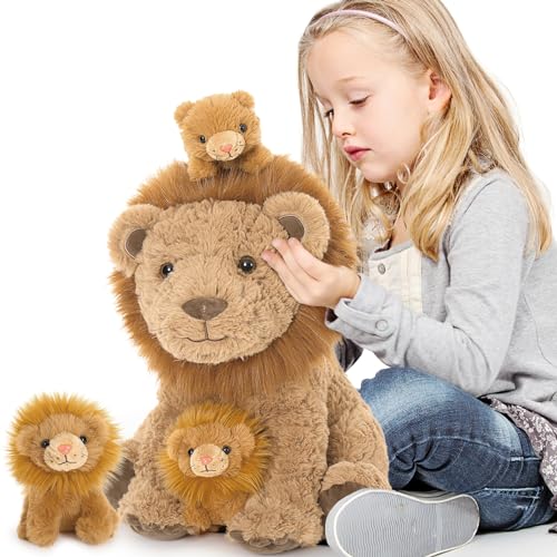 Lion Stuffed Animal with 3 Babies, 17.7" Wild Animal Plush Toys | 4Pcs Mother and Baby Lion Plushies; Zipper Belly Hide-and-Seek; Safari Pretend Play; Birthday & Christmas Gift for Kids - style: Lion