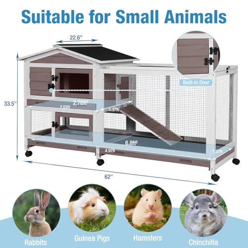 Rabbit Hutch Indoor, 62’’ Bunny Hutch Outdoor, Mobile Rabbit House with Wheels, Wooden Bunny Cage with Leakproof Tray, Chew-Proof Ramp for Guinea Pig(Brown) - color: Brown