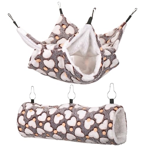 Noctilucent Luminous Brown Guinea Pig Rat Hammock Bunkbed Hanging Tunnel | Mogoko Hanging Soft Bed Mat for Ferret Hedgehog Squirrel Hideout Cage Accessories (Tunnel and Bunkbed Hammock) - color: Brown
