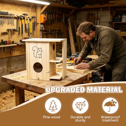 Large Squirrel House for Outside with Window, Wooden Squirrel Nesting Box | observation window, Dual Balconies, Lockable Front Panel, Extend the Eaves