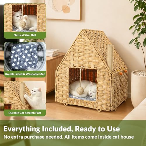 Handwoven Rattan Cat Bed for Indoor Kitten, Cat Cave Bed with Sisal Ball, Cushion & Cat Scratch Post, Foldable Hideaway Cat Hut in Bedroom Living Room, Natural - color: Natural B