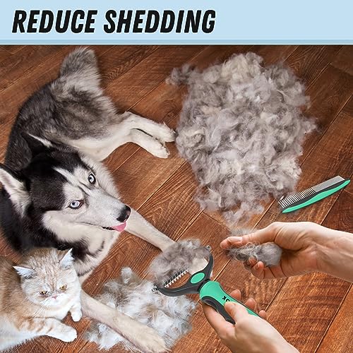 Docrok Pet Grooming Brush and Metal Comb Combo for Dogs & Cats, Green | Dematting Deshedding Undercoat Rake, Cat Brush Dog Brush Shedding Tool for Long Matted Haired Pets - color: Green
