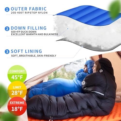 Down Sleeping Bag for Adults, 600 Fill Power Ultralight Backpacking | 600 Fill Power Down,Compact Carry,Ultralight Trail Use,Camping Hiking Backpacking,Cold and Warm Weather Use - color: 800g Down Filling-RoyalBlue