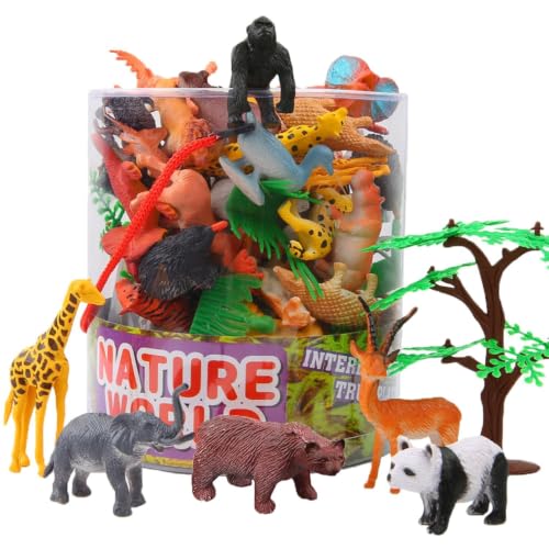 54 Pack Mini Animal Figures Bulk, Jungle and Safari Animals Set for Kids | Gift Box Included, with Realistic Wild Creatures Toy for Learning, Sensory Bins and Party Favors for Boy Girl and Toddler