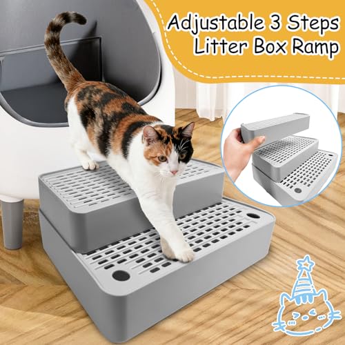 Adjustable 3 Steps Cat Litter Box Step, Litter Box Ramp/Catcher | Filter Function, Non-Slip, Easy to Clean,Cat Litter Stair, Small & Elderly Cats, Fits Automatic Litter Box Steps, Light Grey